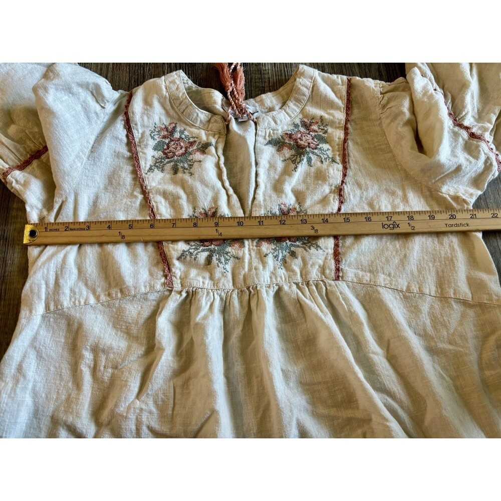 Calligraphie XL Ivory Floral Embroidered Cotton Peasant Blouse Boho Tassel Top - Picture 4 of 9